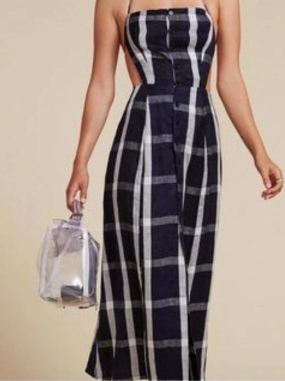 Reformation Navy and White Plaid Backless Midi Dress